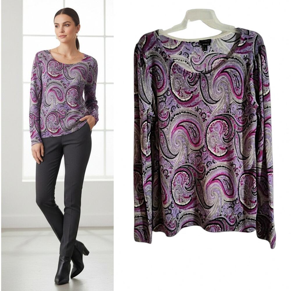 Talbots Purple Paisley Merino Wool Sweater Sz SP Soft Cozy Boho Fall Cottagecore